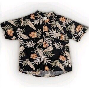 Banana Cabana Men’s XL 100% Silk Hawaiian Floral Shirt Black Beige Tropical Camp